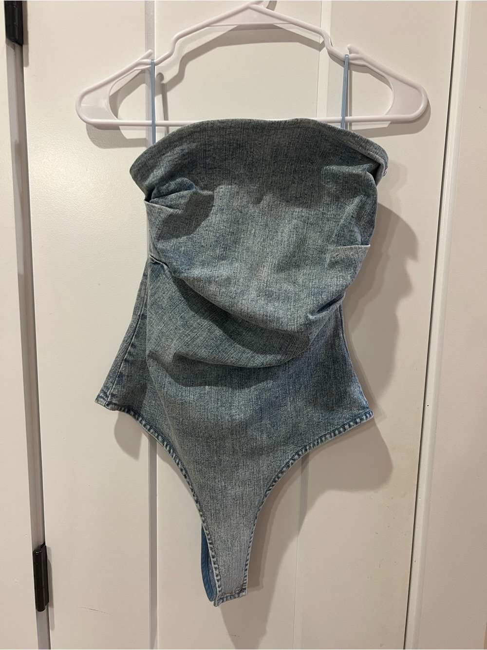 Denim-Look Strapless Kids One-Piece Swimsuit — Light Blue